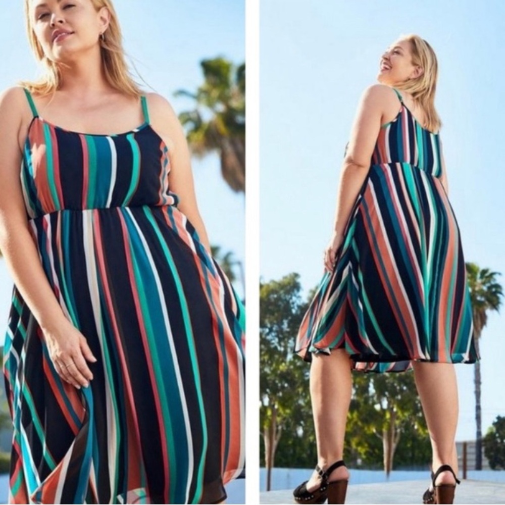 Torrid Midi Chiffon Pleated Striped Dress Black Multi Size Torrid 5
